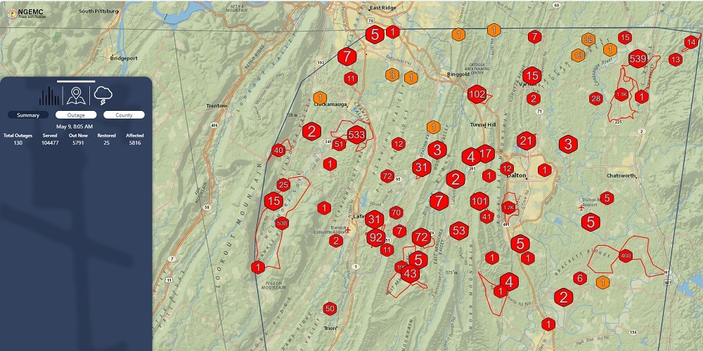 Screenshot of outage map with dozens of areas indicated. 